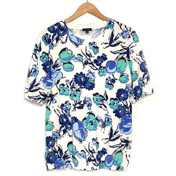 Talbots Womens Floral Knit Top Short Sleeve Preppy White Blue Green - Picture 1 of 9
